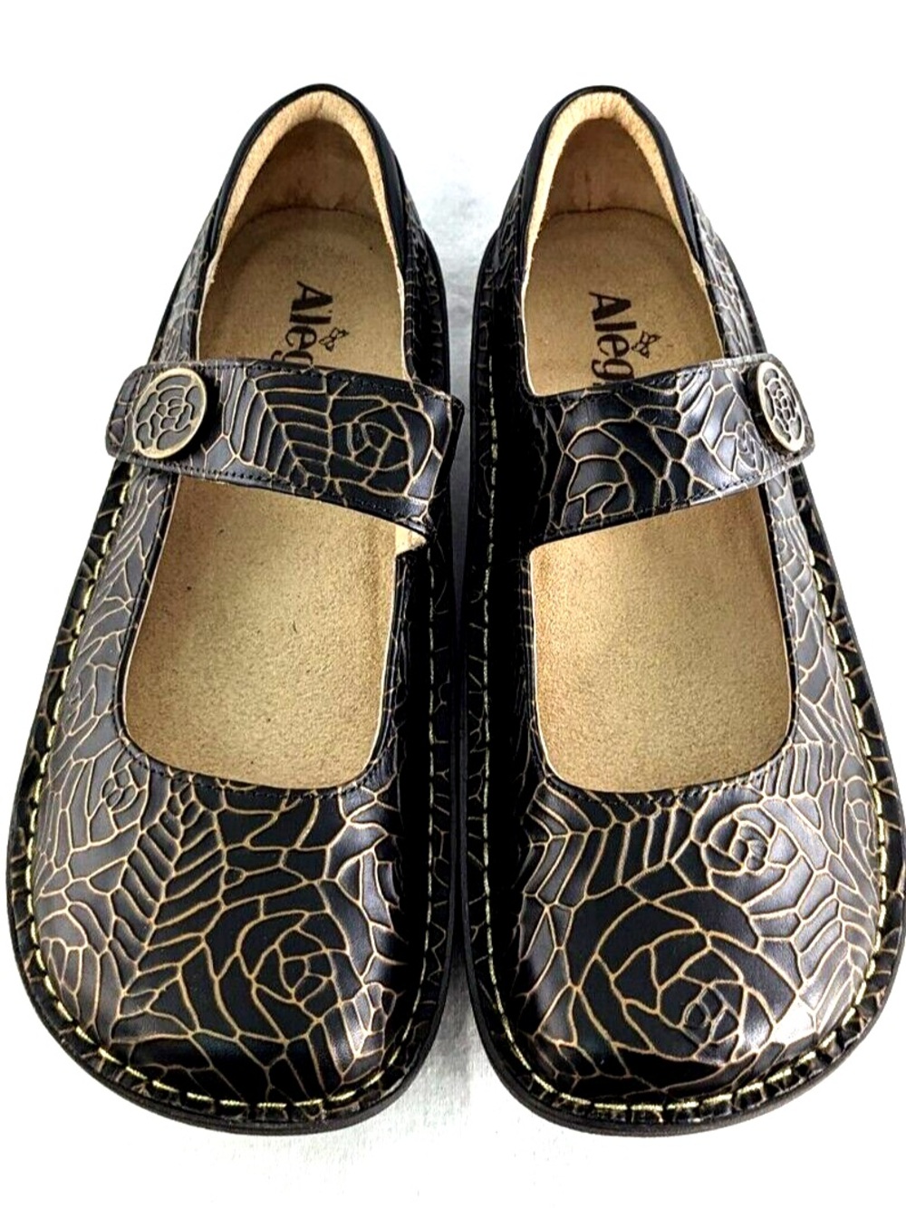 Alegria Paloma Mary Jane Brown Leather Platform Shoes with Bronze Leaf Pattern